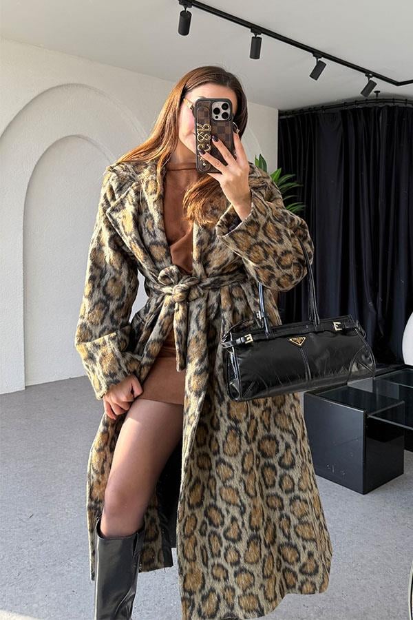 Lacerta Leopar Desen Kuşaklı Premium Kaban