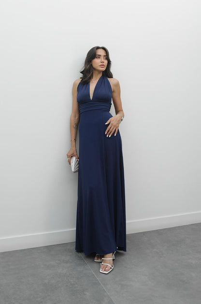 LACIVERT BOYUNDAN BAĞLAMALI ELBISE