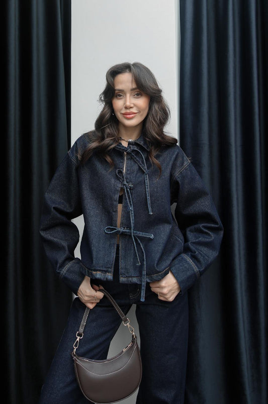 LACIVERT ÖNÜ BAĞLAMALI DENIM BLUZ CEKET