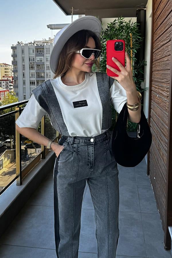 Lalin Denim Detaylı Tasarım Takım - Füme