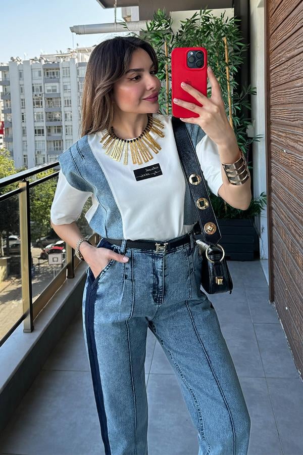 Lalin Denim Detaylı Tasarım Takım - Yıkama Yeşil