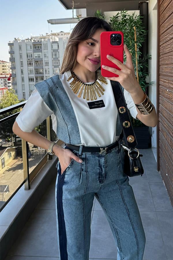 Lalin Denim Detaylı Tasarım Takım - Yıkama Yeşil