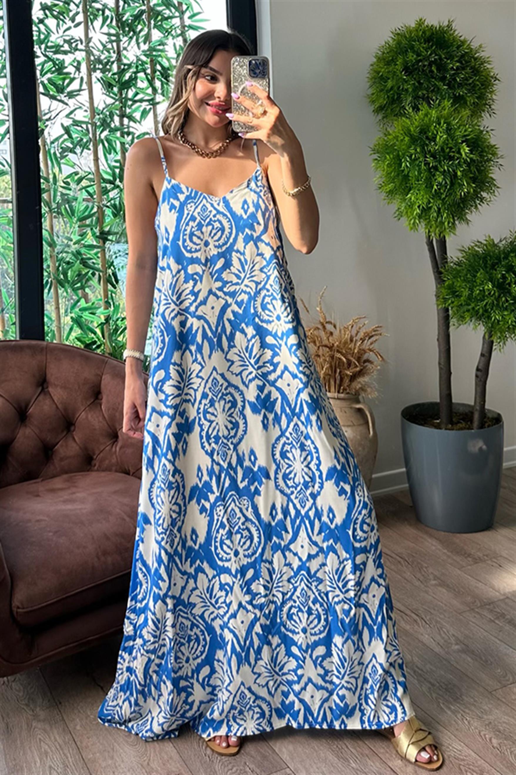 L'Ami etnik desenli elbise - Mavi