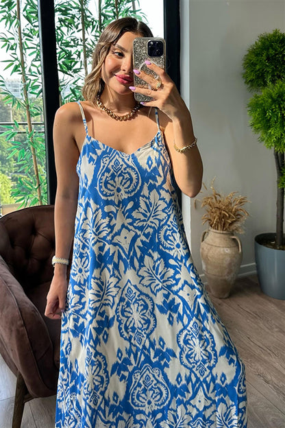 L'Ami etnik desenli elbise - Mavi