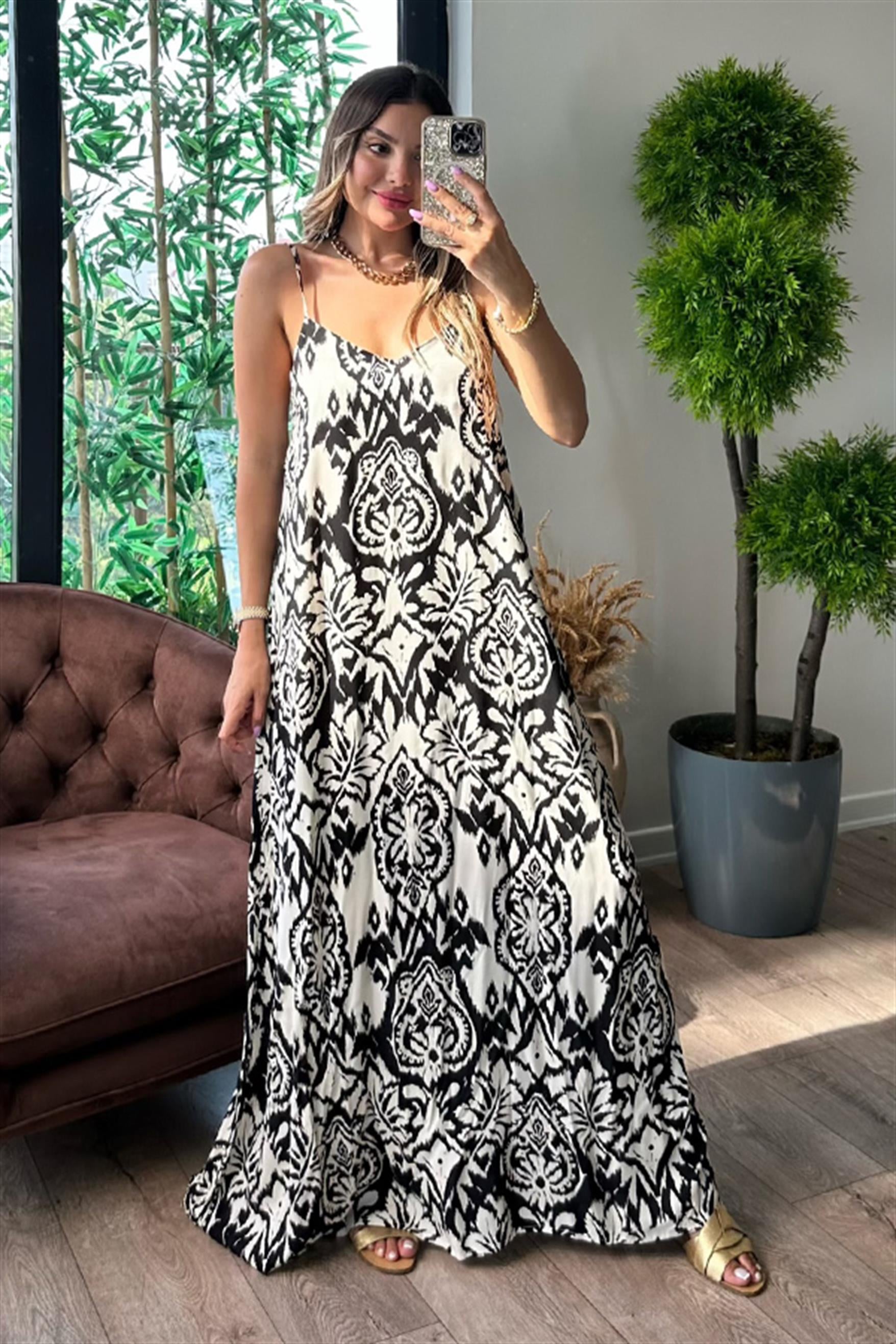 L'Ami etnik desenli elbise - Siyah