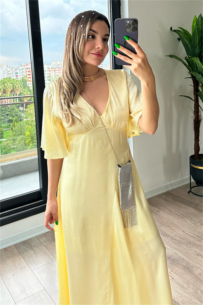 Lamia sarı saten elbise