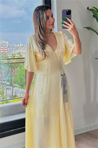 Lamia sarı saten elbise