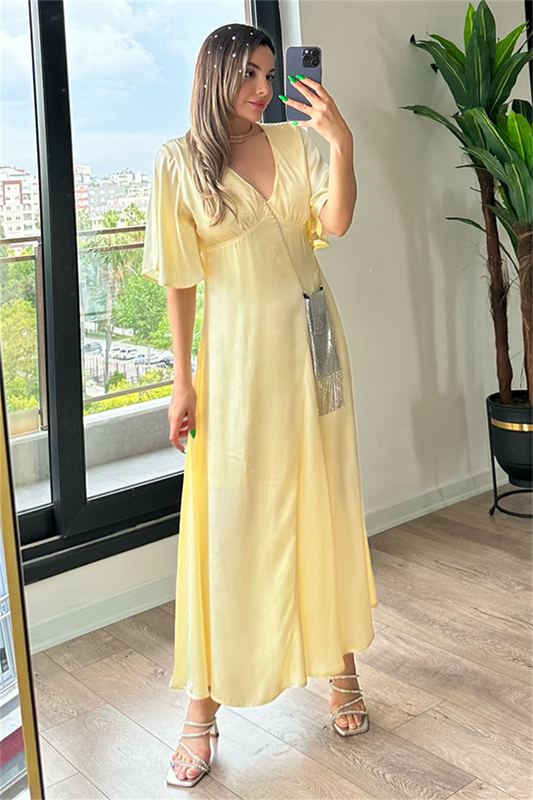 Lamia sarı saten elbise