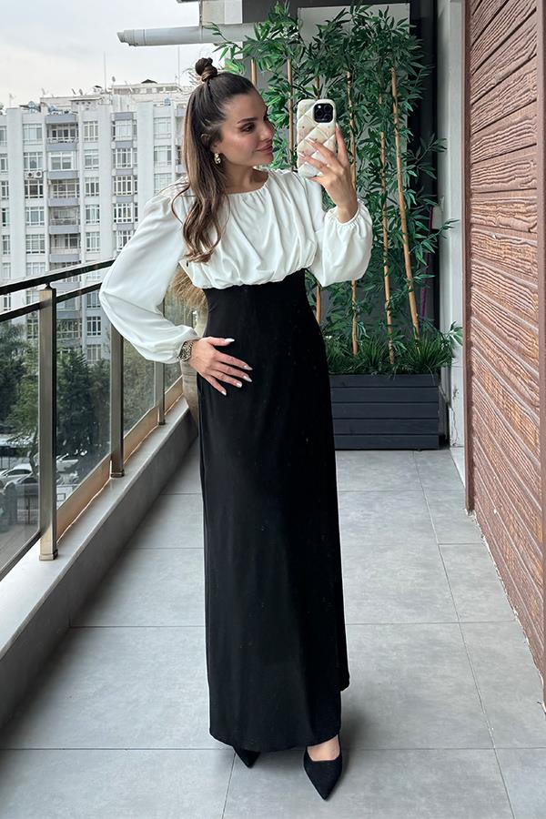 Lamusa Siyah Beyaz Büzgülü Elbise