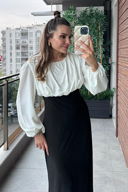Lamusa Siyah Beyaz Büzgülü Elbise