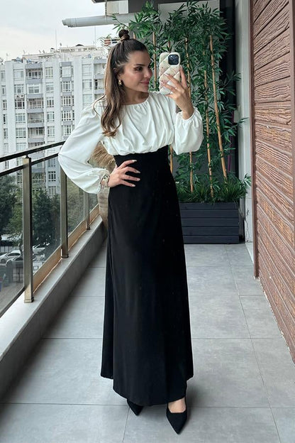 Lamusa Siyah Beyaz Büzgülü Elbise