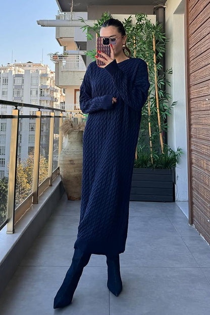 Lana Saç Örgülü Lacivert Triko Elbise