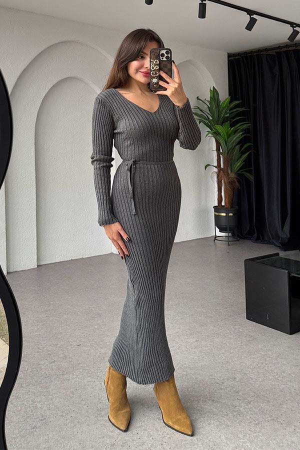 Lara Bel Kuşaklı Antrasit Elbise