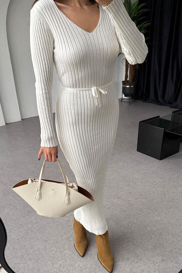 Lara Bel Kuşaklı Ekru Elbise