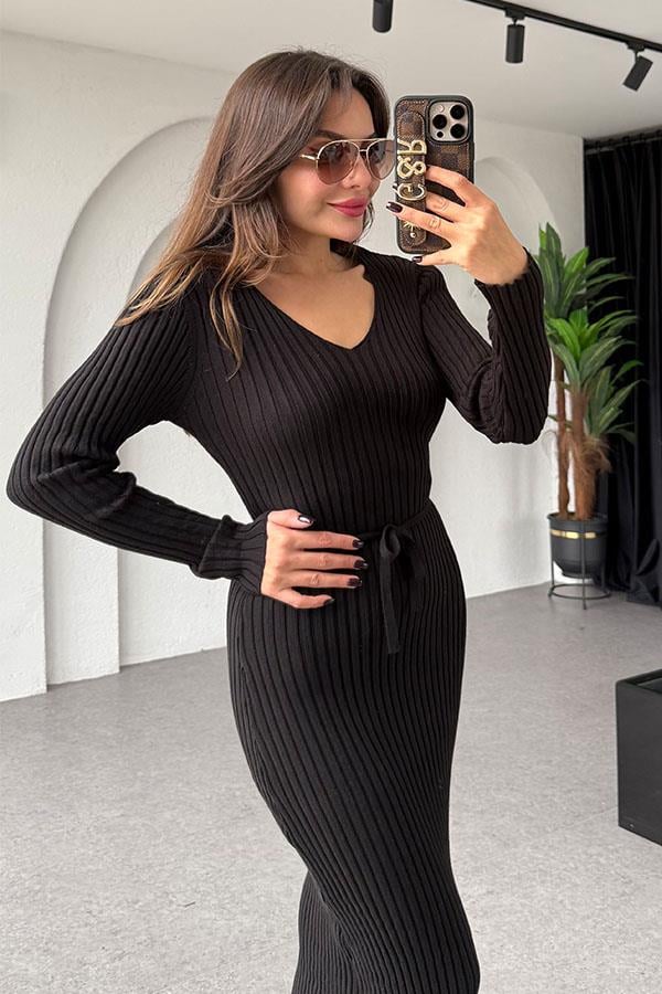 Lara Bel Kuşaklı Siyah Elbise