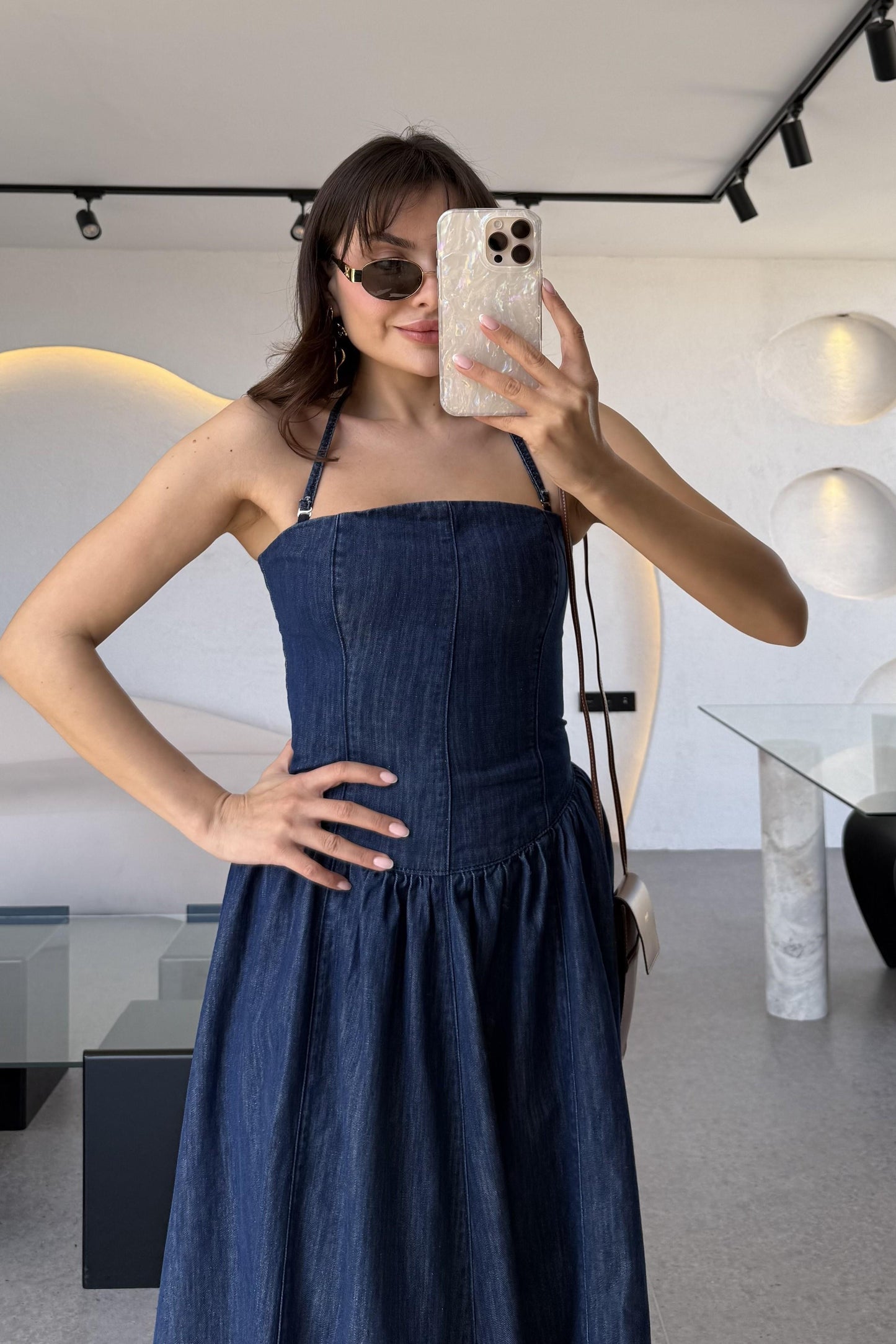 Larin Maxi Denim Düz Yaka Elbise