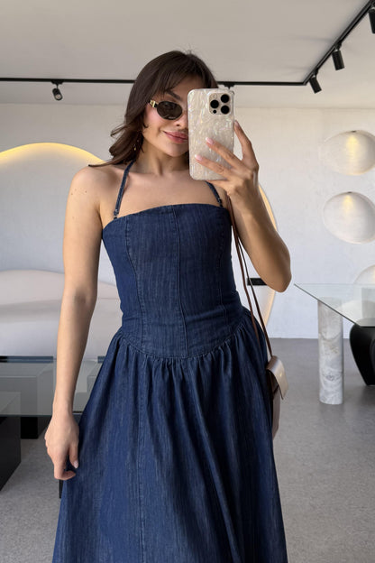 Larin Maxi Denim Düz Yaka Elbise