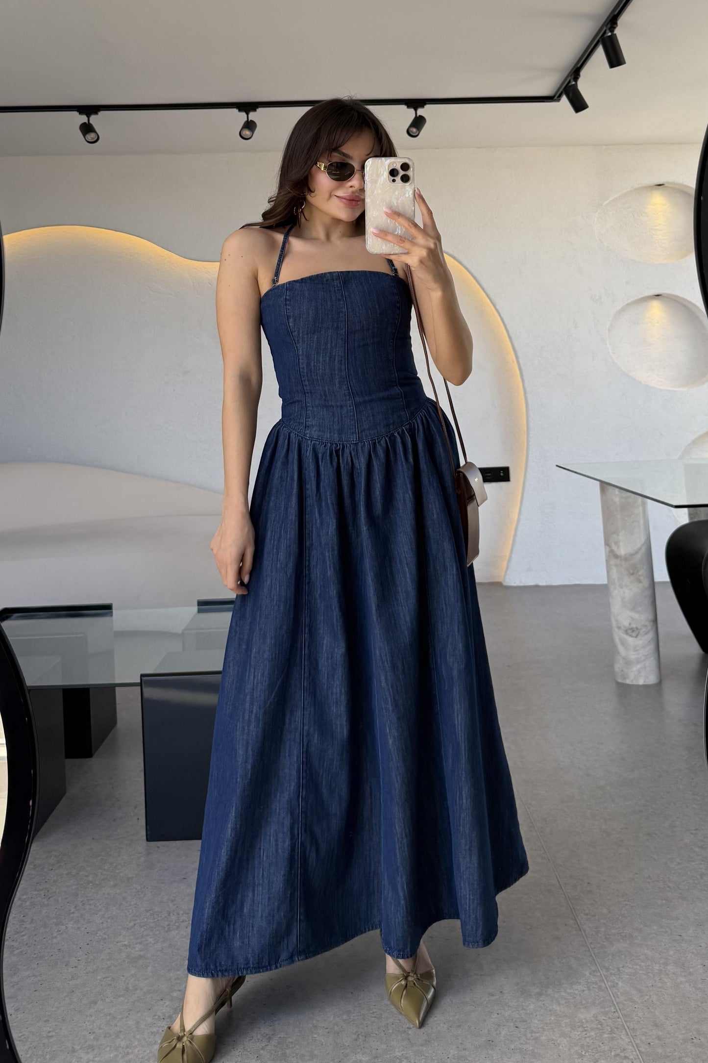 Larin Maxi Denim Düz Yaka Elbise