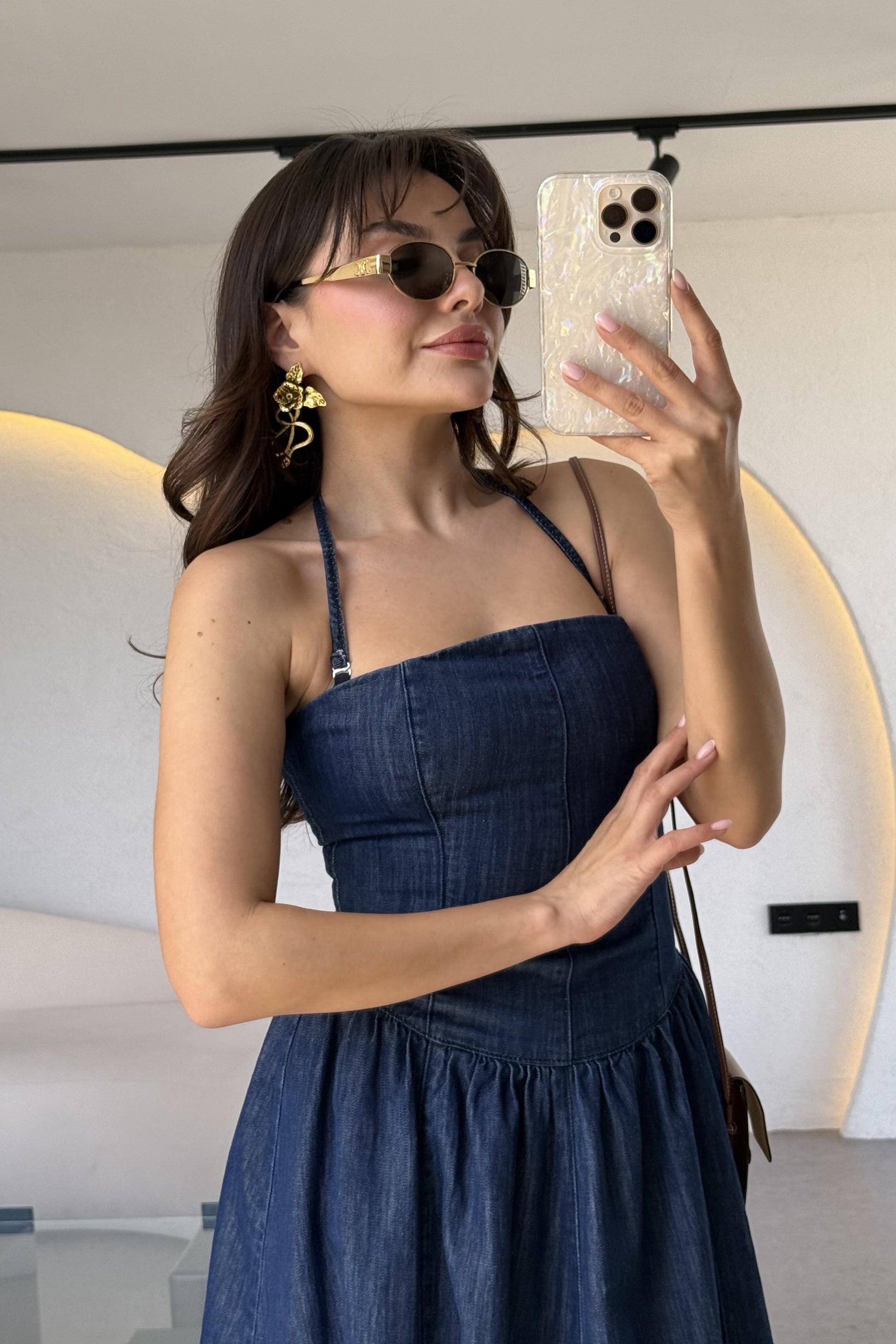 Larin Maxi Denim Düz Yaka Elbise