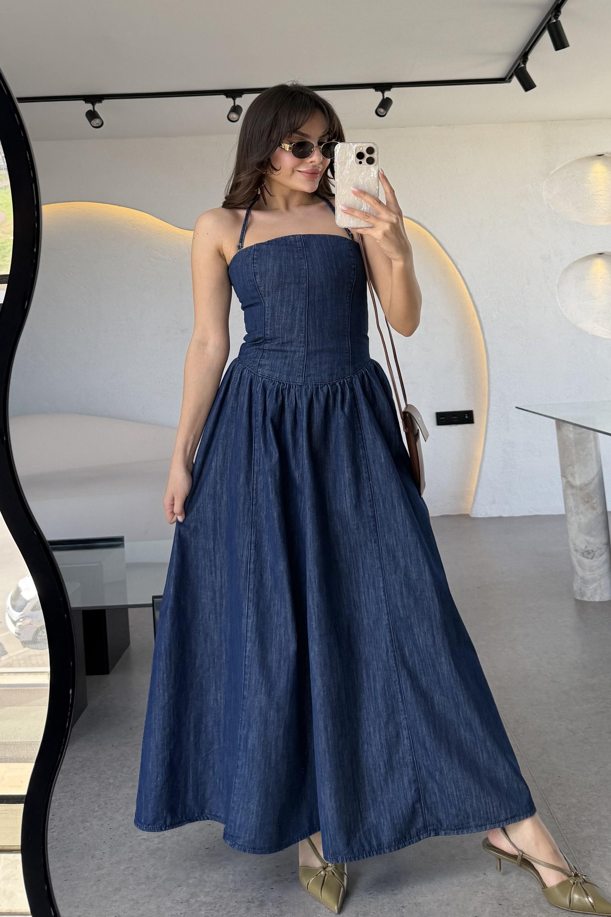 Larin Maxi Denim Düz Yaka Elbise