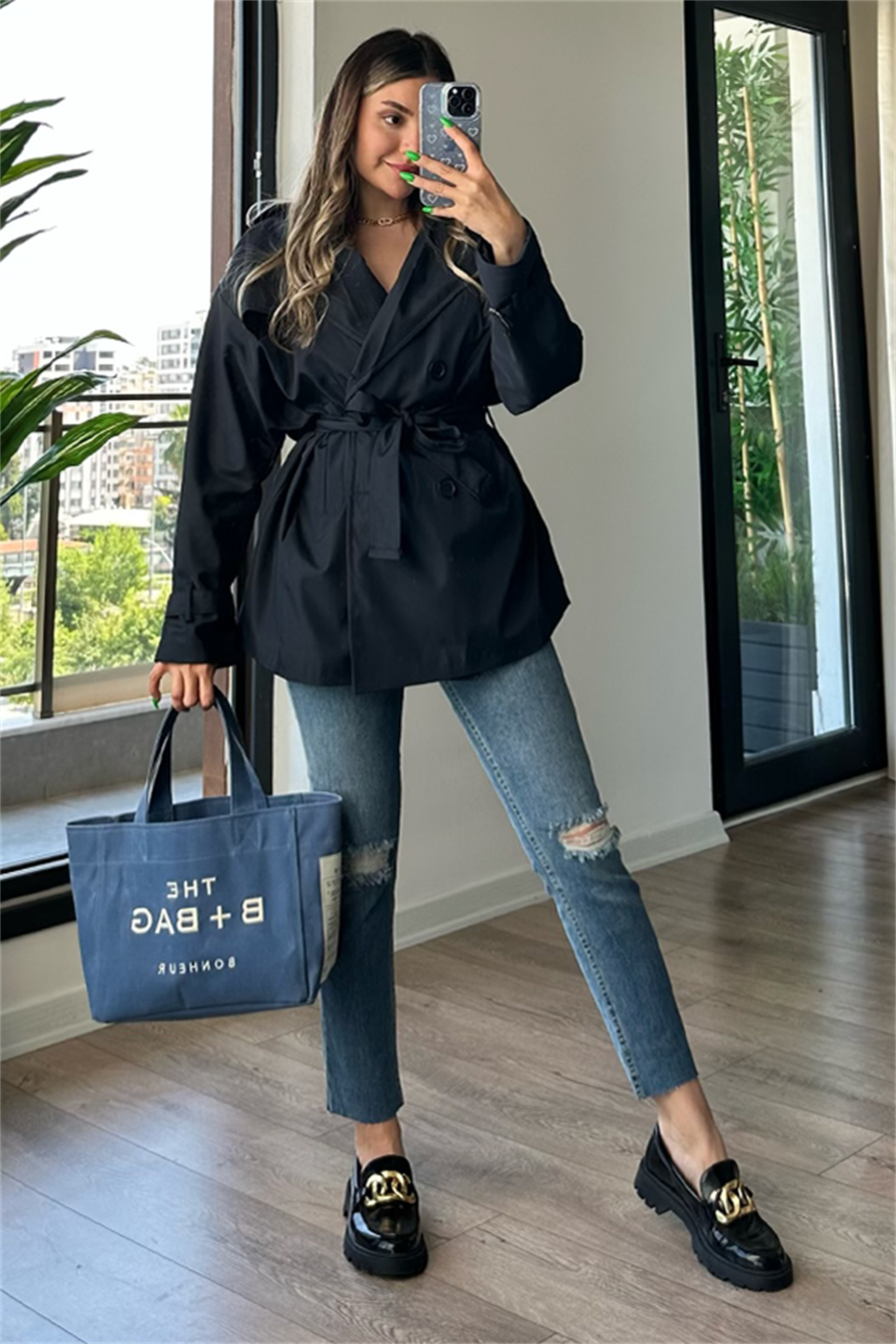 Larry bel kuşak detaylı trençkot - Lacivert