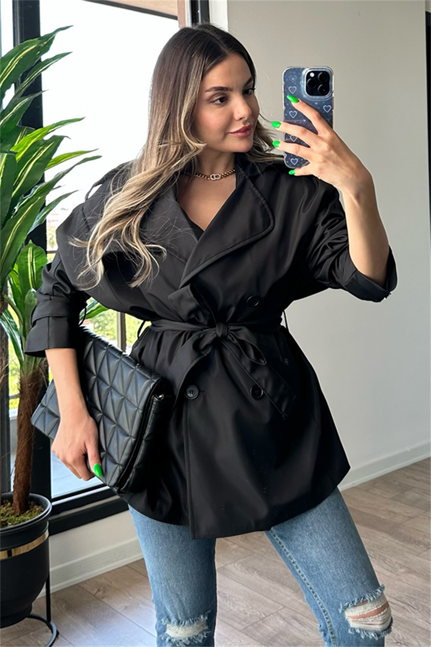 Larry bel kuşak detaylı trençkot - Siyah