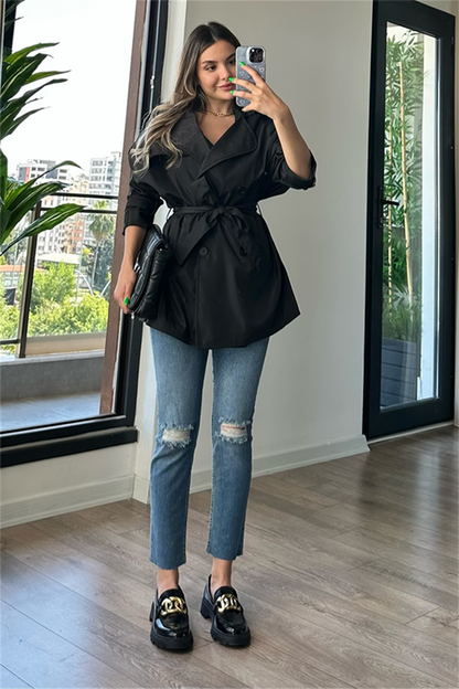 Larry bel kuşak detaylı trençkot - Siyah