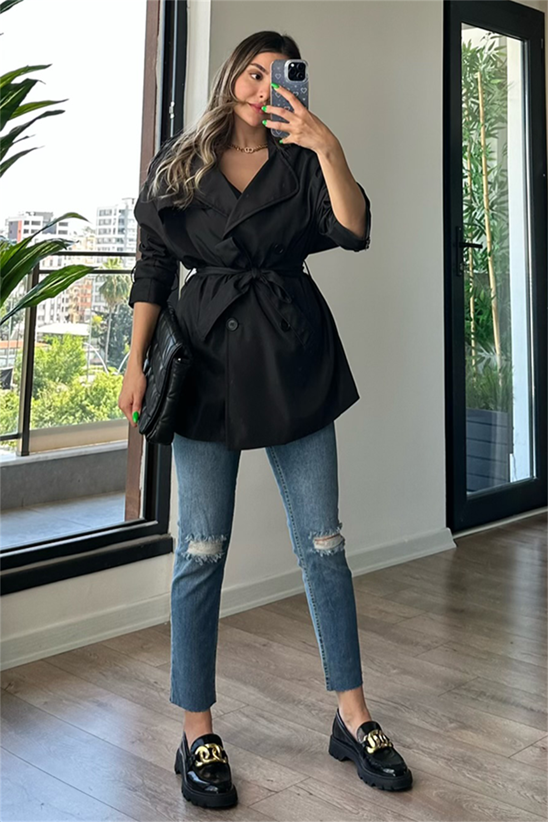 Larry bel kuşak detaylı trençkot - Siyah