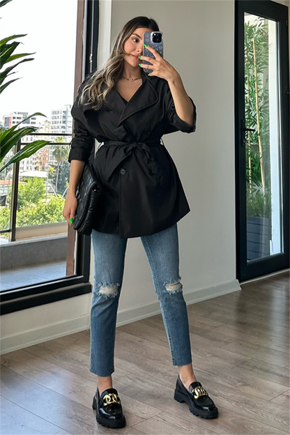 Larry bel kuşak detaylı trençkot - Siyah