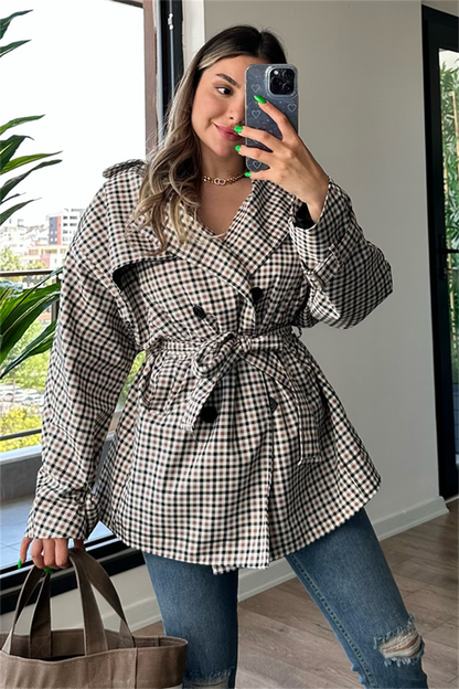 Larry ekose desen bel kuşak detaylı trençkot