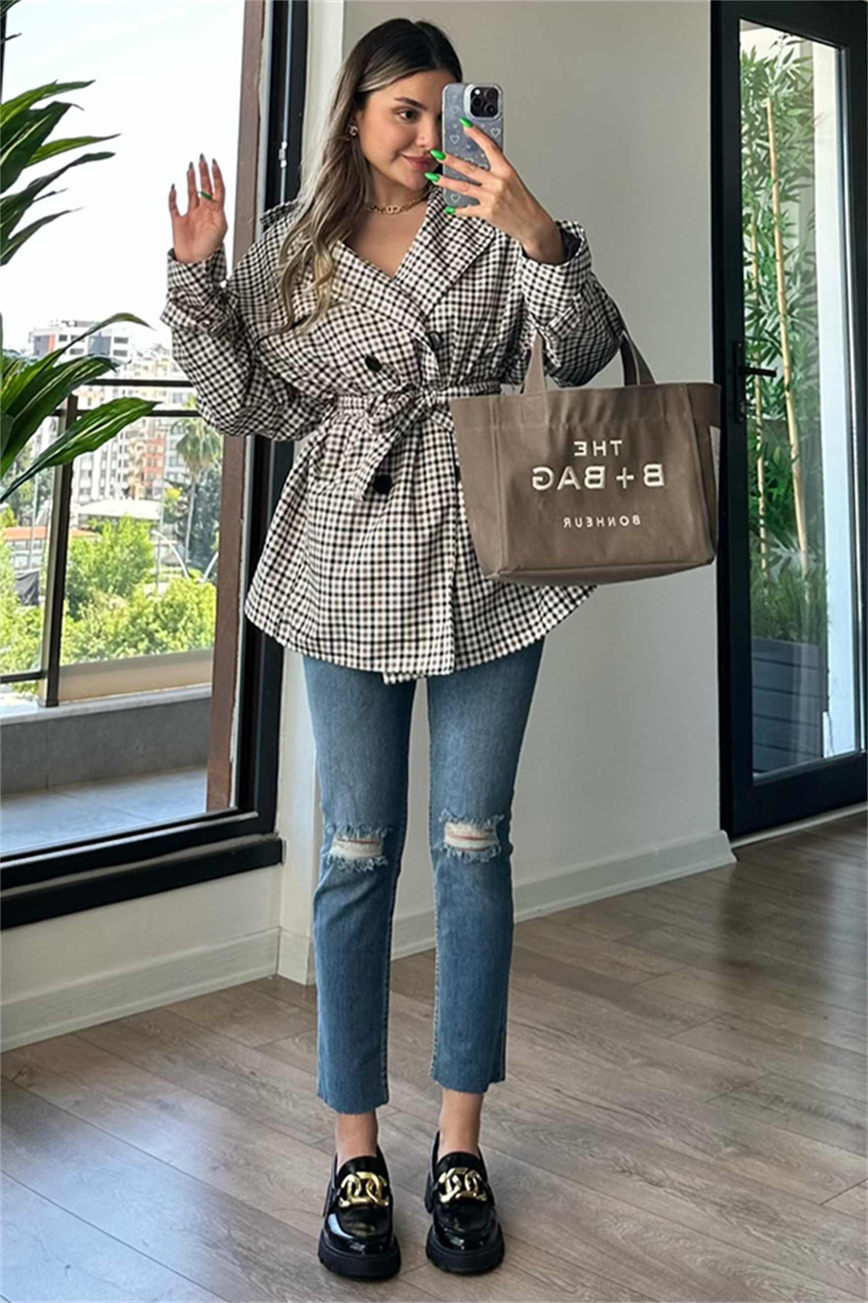 Larry ekose desen bel kuşak detaylı trençkot