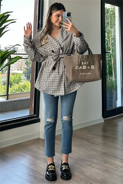 Larry ekose desen bel kuşak detaylı trençkot