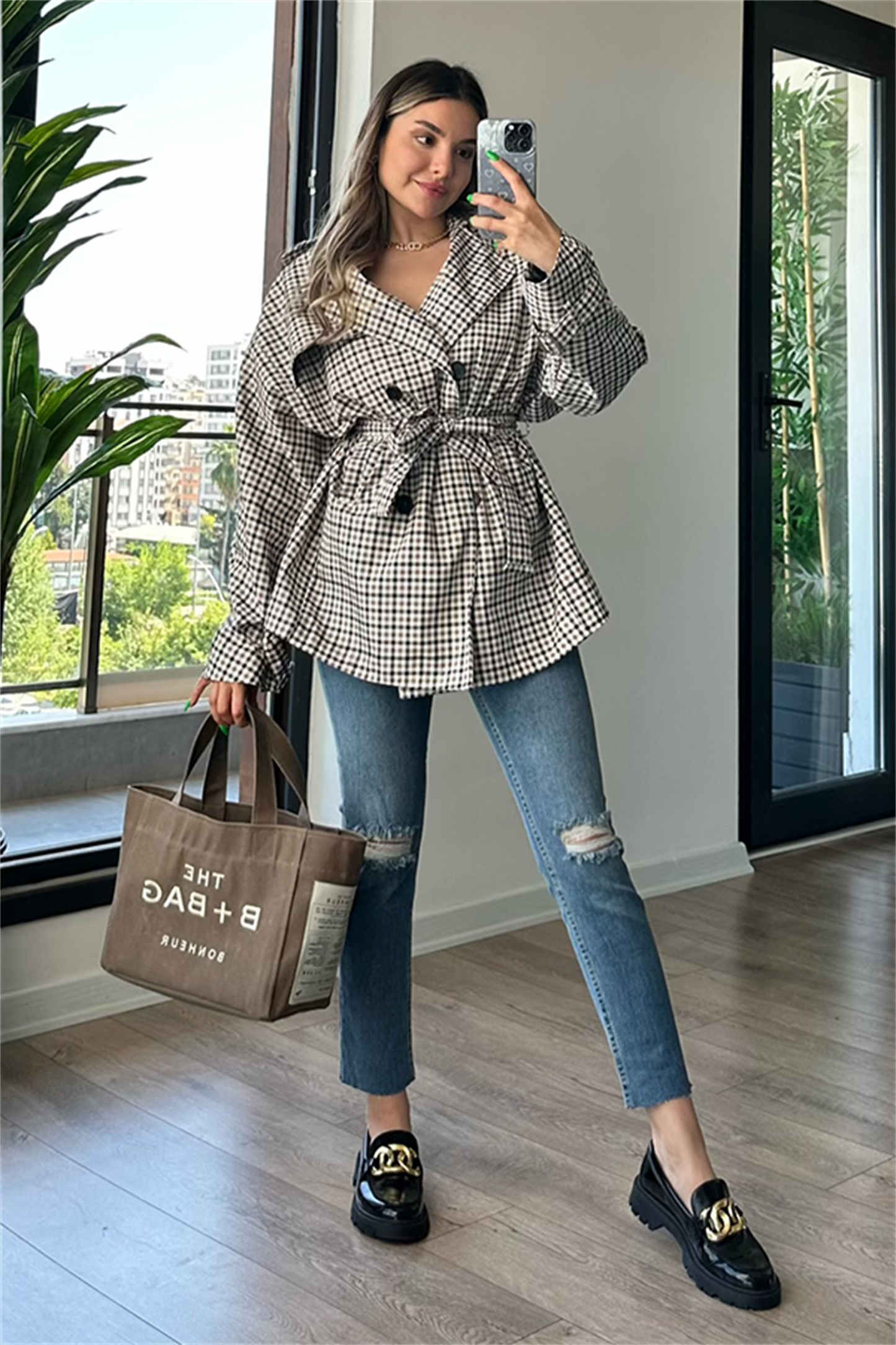 Larry ekose desen bel kuşak detaylı trençkot