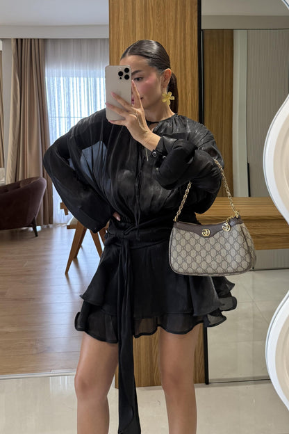 Lasarta Siyah Işıltı Dokulu Volanlı Tasarım Mini Elbise