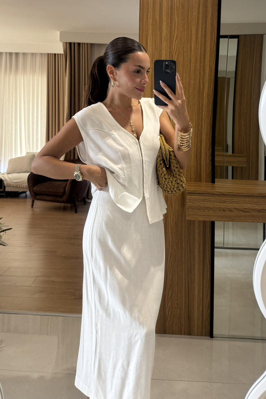 Lasse Beyaz Etek Yelek Takım