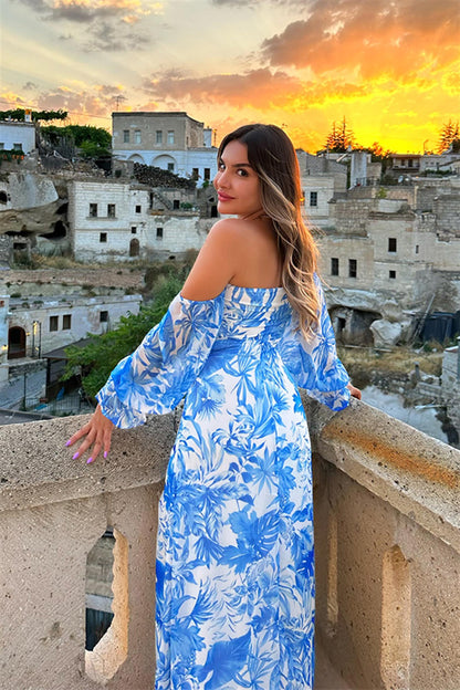 Mavi çiçekli şifon elbise