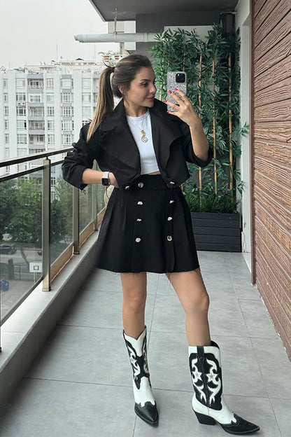 Lasury Düğme Detaylı Etek Ceket Takım-Siyah