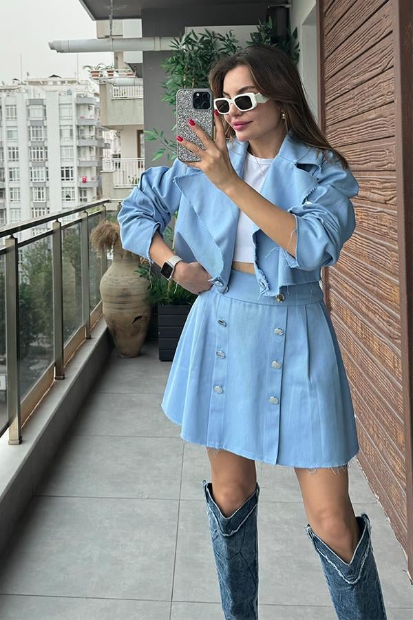 Lasury Düğme Detaylı Etek Ceket Takım-Mavi