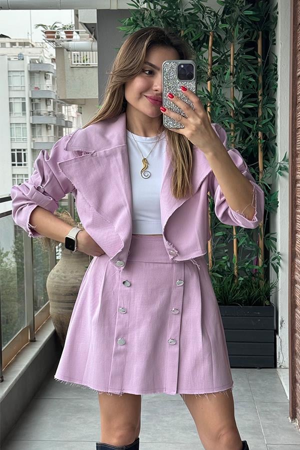 Lasury Düğme Detaylı Etek Ceket Takım-Lila