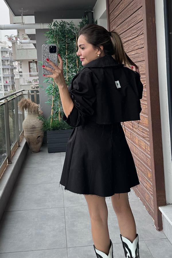 Lasury Düğme Detaylı Etek Ceket Takım-Siyah