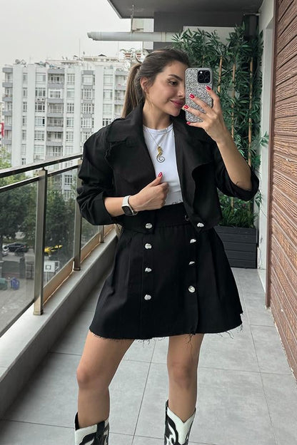 Lasury Düğme Detaylı Etek Ceket Takım-Siyah