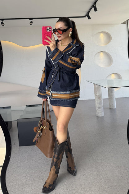 Latie Kahve Paraşüt Denim Mix Tasarım Ceket