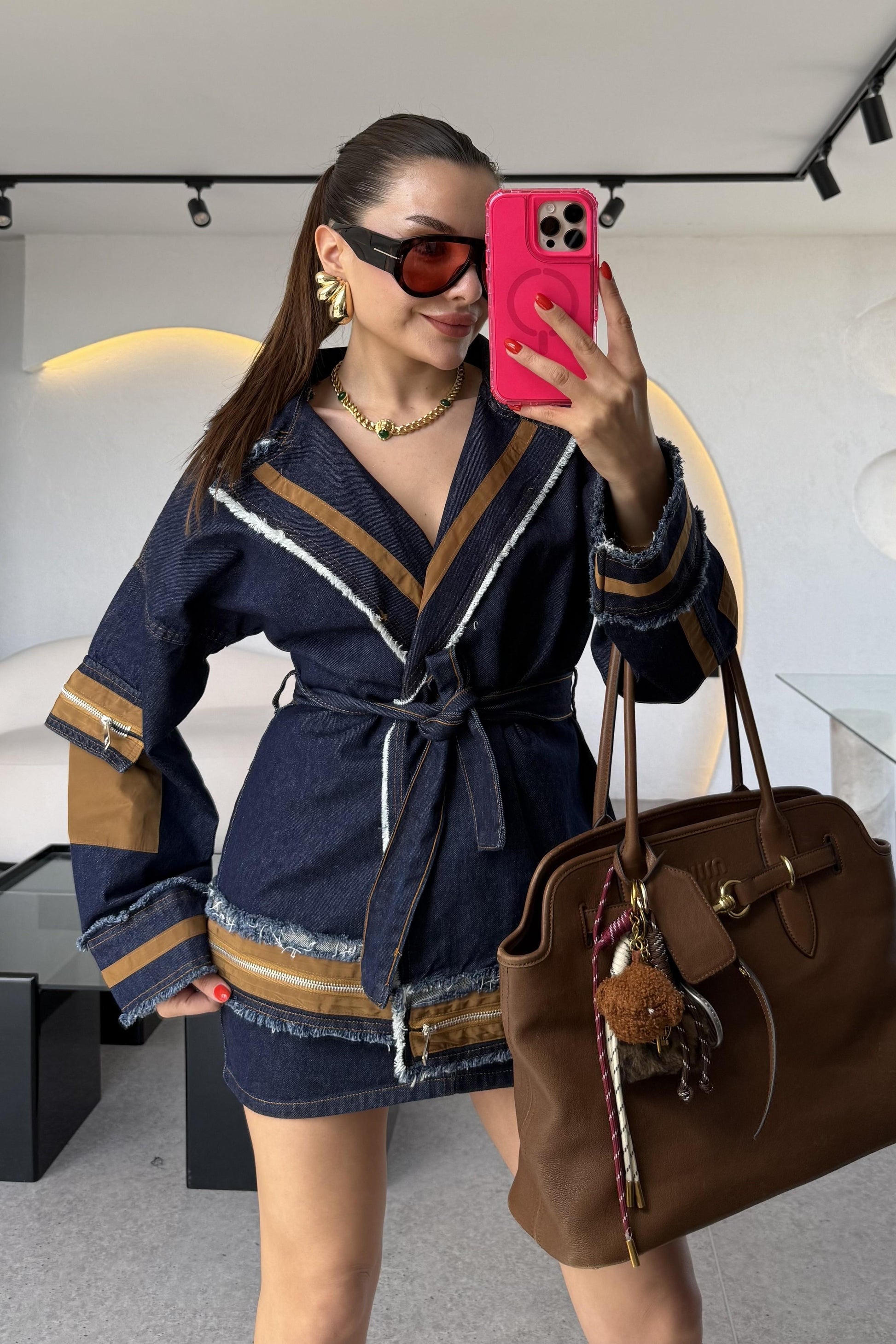 Latie Kahve Paraşüt Denim Mix Tasarım Ceket