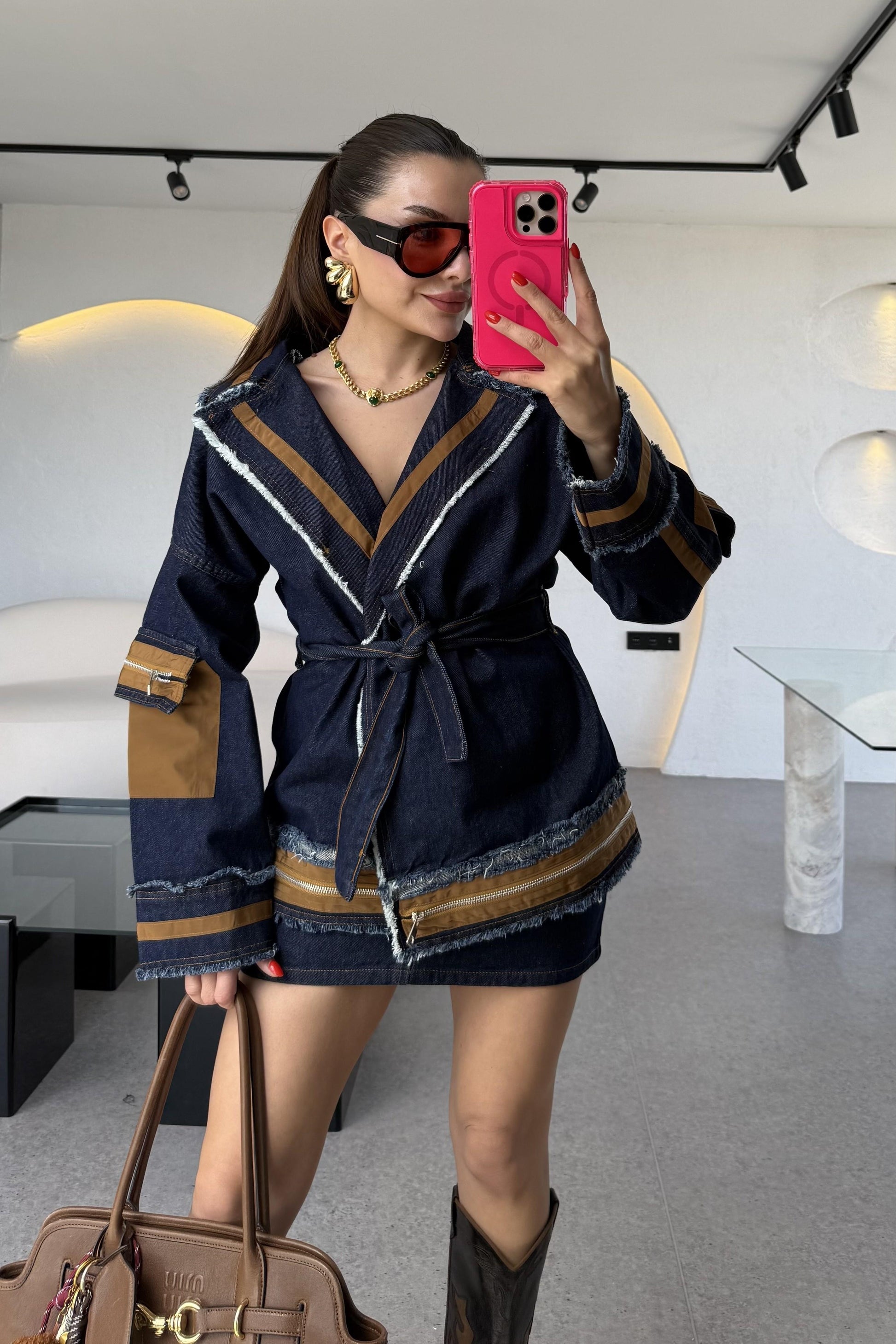 Latie Kahve Paraşüt Denim Mix Tasarım Ceket