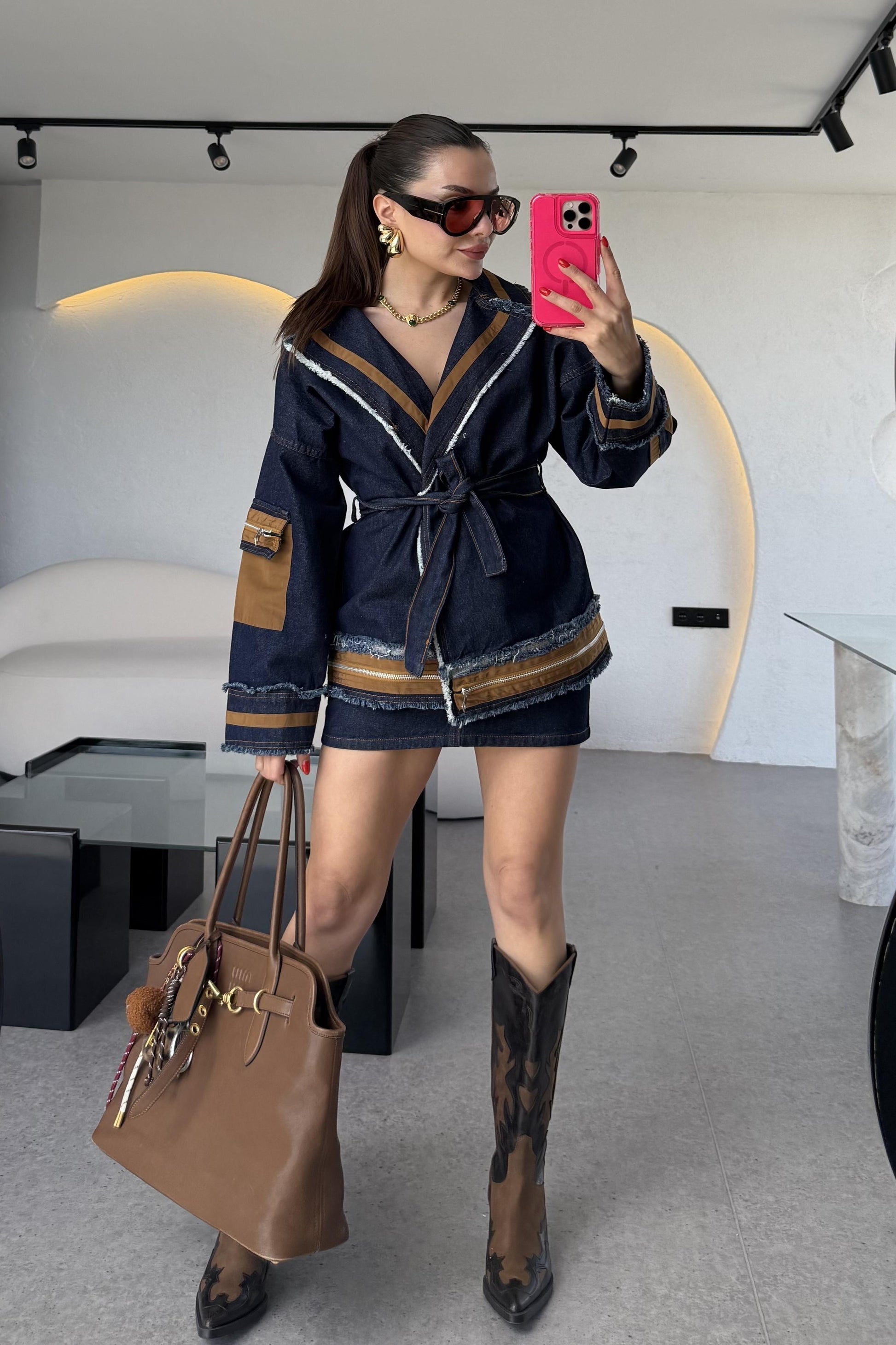 Latie Kahve Paraşüt Denim Mix Tasarım Ceket