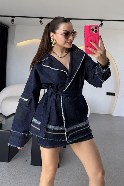 Latie Siyah Paraşüt Denim Mix Tasarım Ceket