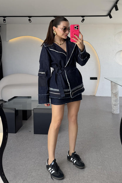 Latie Siyah Paraşüt Denim Mix Tasarım Ceket