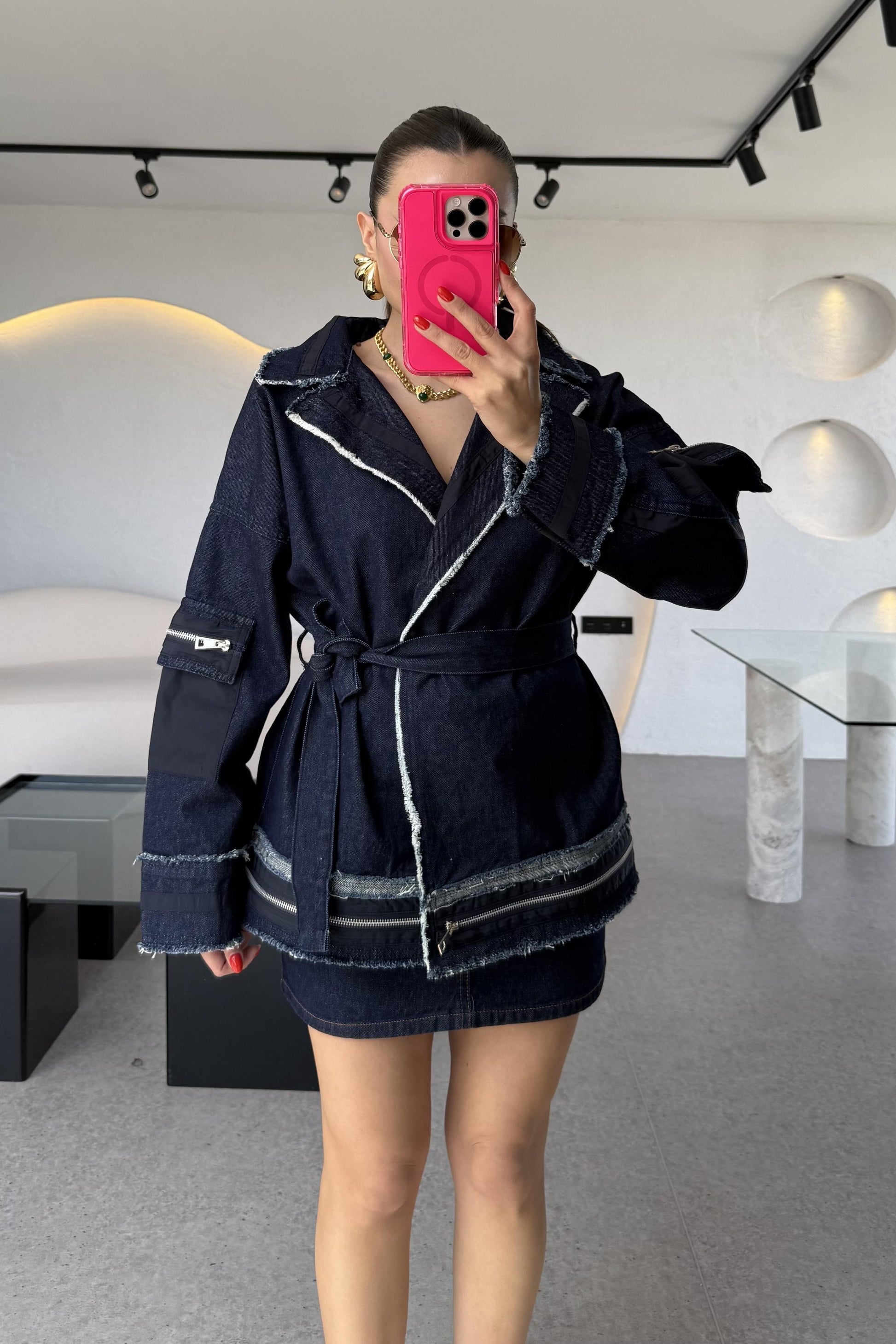 Latie Siyah Paraşüt Denim Mix Tasarım Ceket