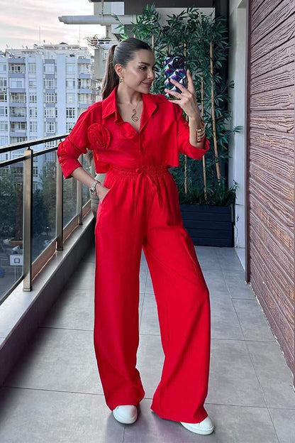 Lauran Gül Broş Detaylı İkili Takım - Kırmızı