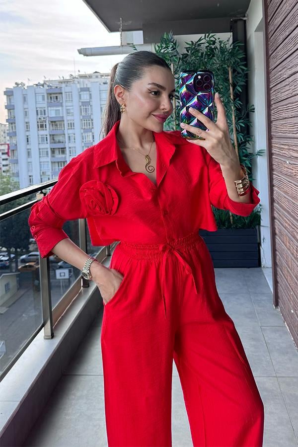 Lauran Gül Broş Detaylı İkili Takım - Kırmızı